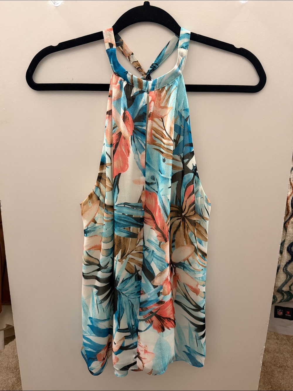 White House Black Market Blue, Coral & Cream Tropical Halter Top